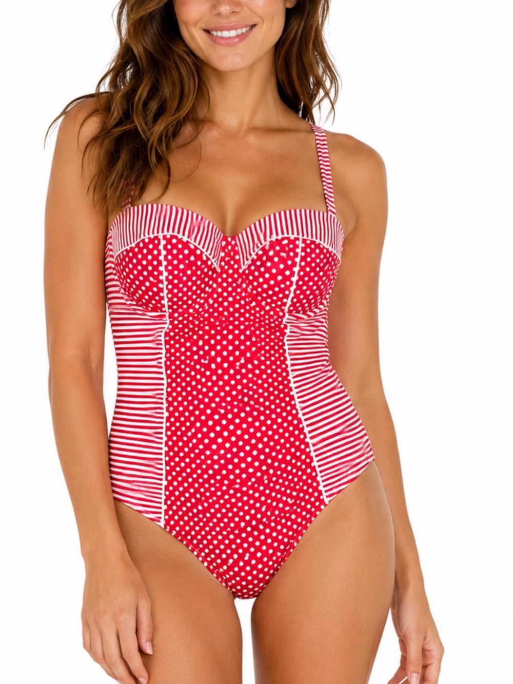 Nip Tuck Swim Red Polka Dot & Stripe One Piece Swimsuit D/DD Size 12